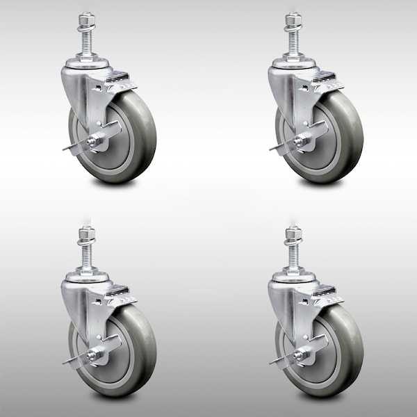 Service Caster 5 Inch SS Gray Polyurethane Wheel Swivel 3/8 Inch Threaded Stem Caster Set Brake SCC-SSTS20S514-PPUB-TLB-381615-4 - main